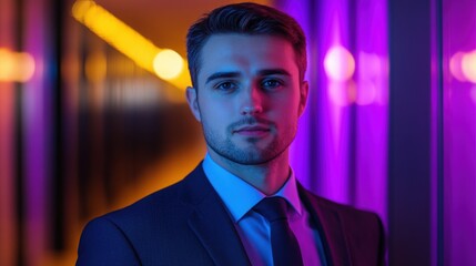 Portrait of an executive with a rich purple and gold gradient illuminating their surroundings