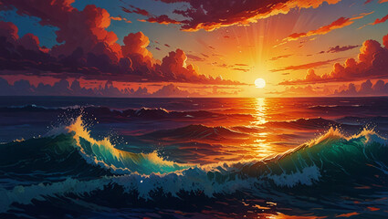 Beautiful Sunset Over the Ocean, Painting the Sky with Bright Colors
