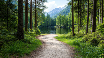 Fototapeta premium serene forest path leads to tranquil lake surrounded by mountains