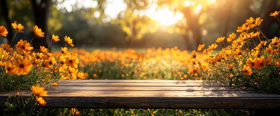 Wooden table in a field of yellow flowers at sunset.