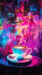 Neon Glowing Coffee Cup with Vibrant Steam Art