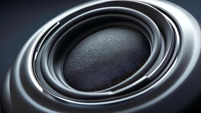 A close-up view of a circular speaker cone, showcasing its texture and design details against a dark background.