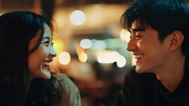 Happy young adult Asian couple shares moment in cozy cafe. People joy smiles, love connection. Comfort intimacy at romantic date. Romance dating. Fun laughing lovers have fun. Beautiful Asia portrait.