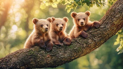 Obraz premium Three adorable brown bear cubs perched on a tree branch in a sunlit forest.