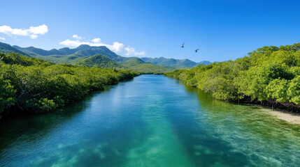 tropical river scene with vibrant green mangroves and clear water