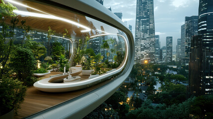 Fototapeta premium futuristic cityscape featuring modern balcony with lush greenery, blending nature and