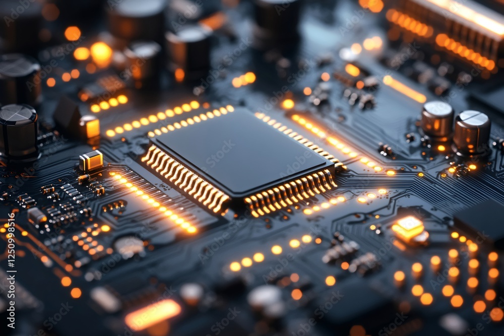 Fototapete central processing unit on circuit board glowing with data flowing