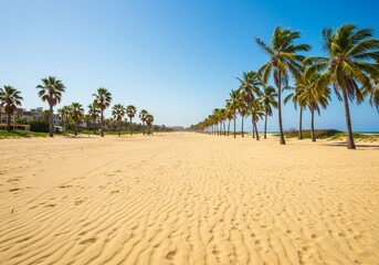 Palm tree lined beach in Brazil perfect for travel brochures, vacation destination websites, tropicalthemed decor, and summer advertisements.