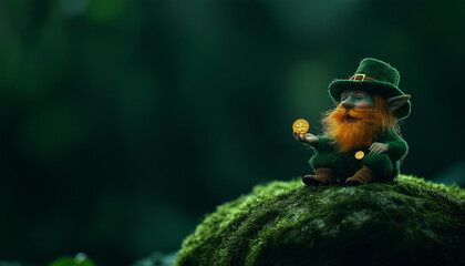 Fototapeta premium Ein fröhlicher Kobold im Wald mit Goldmünze