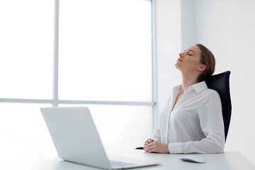 Modern simplicity, simple office scene, businesswoman take a break and deep breath in front of laptop, minimalist, 300dpi, 3d, empty copy space