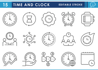 Fototapeta premium A set of line icons related to Time and Clock. Time, watch, meeting, alarm, management, world, calendar, and so on. Vector editable stroke.