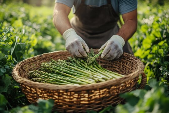 Harvesting fresh green asparagus in a lush field