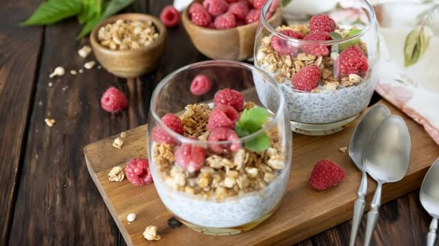 Fresh raspberry and granola breakfast parfait with chia pudding and mint garnish in rustic setting