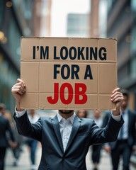 Unemployed Man Holding "I'm Looking For A Job" Sign in City