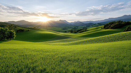 Fototapeta premium stunning vineyard landscape with rolling green hills and sunset