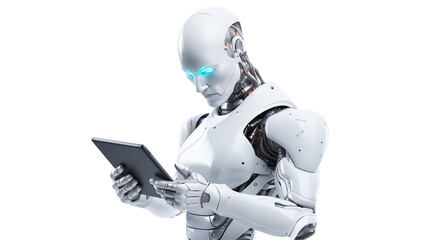 Naklejka premium Advanced Robotic Technology Futuristic AI Using a Tablet Computer Digital Transformation Innovation Artificial Intelligence and Modern Technology Concept
