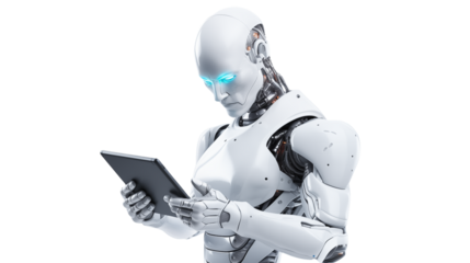 Advanced Robotic Technology Futuristic AI Using a Tablet Computer Digital Transformation Innovation Artificial Intelligence and Modern Technology Concept