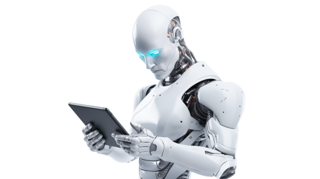 Advanced Robotic Technology Futuristic AI Using a Tablet Computer Digital Transformation Innovation Artificial Intelligence and Modern Technology Concept