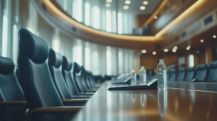 Empty conference room with chairs and water bottles on table.