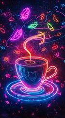 Neon Glowing Coffee Cup with Vibrant Steam Art