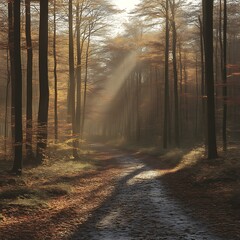 Obraz premium Autumn forest path, sun rays, misty morning, nature background, poster