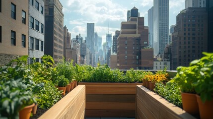 Fototapeta premium A lush rooftop garden in the middle of a city, with wooden planters filled with green herbs and flowers. The skyline is visible in the background, and the warm tones of the plants contrast with the co