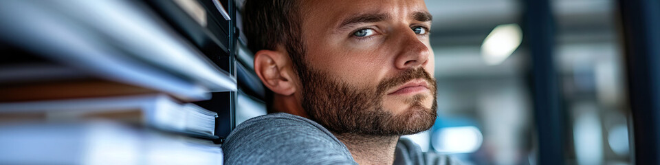 Obraz premium Portrait of Bearded Man Near Stacked Papers