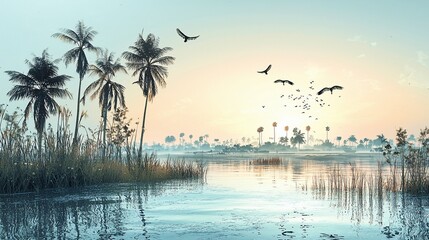 Serene sunrise over tropical lake with palm trees and birds in flight.