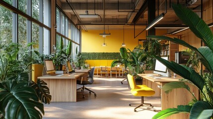 Fototapeta premium A modern coworking space with vibrant green plants, wooden desks, and accents of mustard yellow and coral