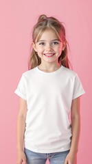 Fototapeta premium Little girl in white shirt on the pink background
