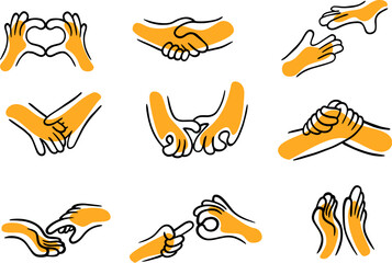 Set of two cartoon hand in different gestures. Collection design elements for business communication, care, love. Funny vector illustration in groovy style.