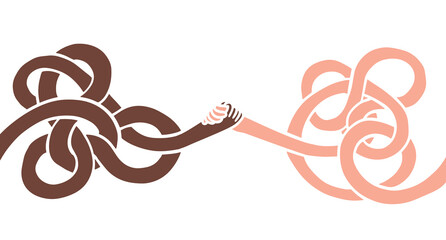 Cartoon funky twisted long handshake in groovy flat style. Abstract art composition for communication. Vector illustration.
