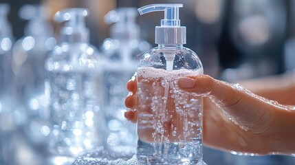 Hands dispensing sanitizer, factory background, hygiene