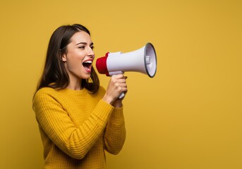 Young blonde woman is shouting into a megaphone. Vibrant energy and communication concepts for various advertising, activism, and leadership uses.