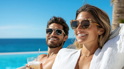 couple enjoying drinks by poolside under clear blue sky