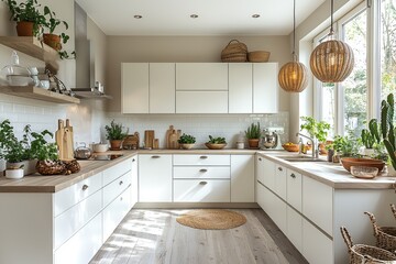 Modern White Kitchen with Wooden Accents and Plants