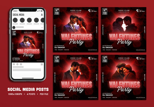 Valentine&rsquo;s Day Party, Editable Social Media Set for Club, Disco and Upcoming Night Parties.