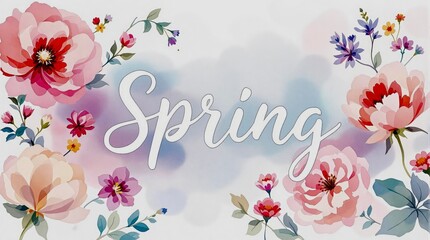 Obraz premium Watercolor flowers and word spring