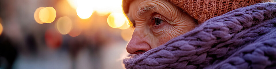 Close-up of Elderly Woman Wearing Knitted Scarf and Hat