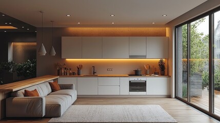 Modern Kitchen Design with Integrated Sofa and Large Window