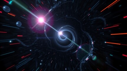 A digital vortex with swirling patterns, glitch effects, and a mesmerizing spiral shape.  Ethereal, spiritual vibe, bright lens flare, intense jet black, deep shadows, Created using Generative Ai