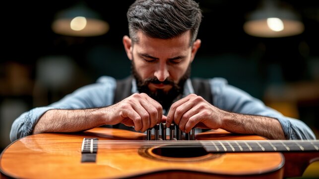 Man Carefully Adjusting Classical Guitar Bridge Pins Repairing Musical Instrument