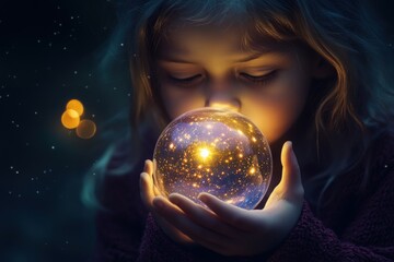 Naklejka premium A child holding a glowing orb that contains an entire miniature universe, in shades of deep purple and gold, with awe on their face