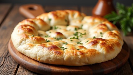 Golden-Baked Puffy Bread with Herbs on Wooden Board