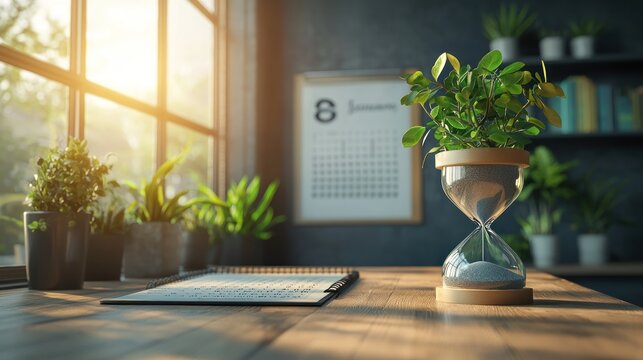 Cozy workspace with hourglass and plants, sunlight streaming in, calendar visible