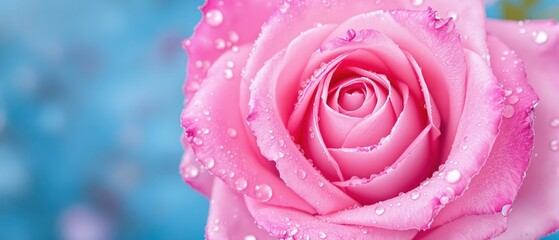 Pink rose on the blue background 