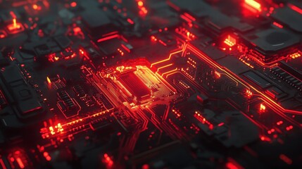 Fototapeta premium A close-up of a circuit board with glowing red and gold pathways, intricate and detailed
