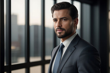 Fototapeta premium A portrait of a handsome businessman in a tailored navy suit with a tie stands confidently by large windows overlooking a city skyline
