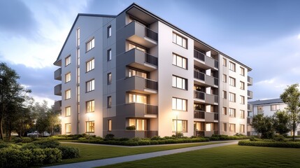 Fototapeta premium Modern Apartment Building Exterior at Dusk Evening Real Estate Property