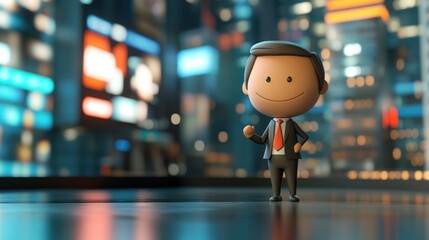 Happy cartoon businessman in a city at night.